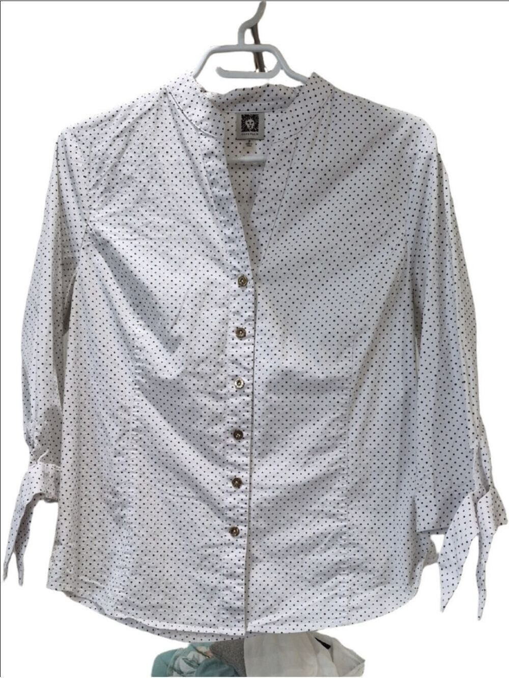 Anne Klein White Button-Down Shirt with Black Polka Dots And Mandarin Collar